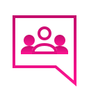 Cartoon icon of 3 figures in a speech bubble