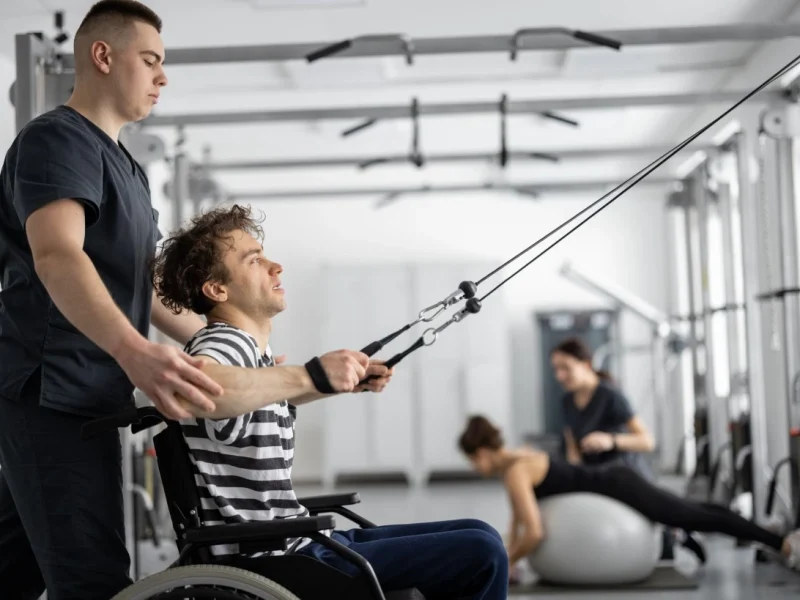 Disabled man in wheelchair with instructor